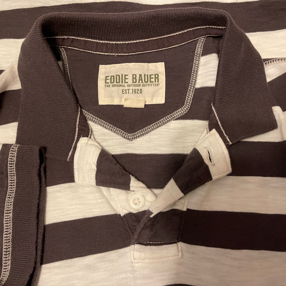 EDDIE BAUER CLASSIC COTTON SLUB DARK PURPLE WHITE BLOCK STRIPED POLO MEN SMALL